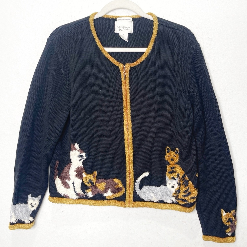 Christopher & Banks Y2K Cat Lady Zip Up Hand Embroidered Knit Cardigan Vintage